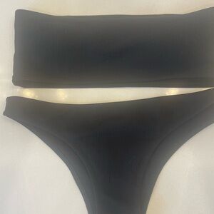 SHEIN Black Ribbed Strapless Bikini Set